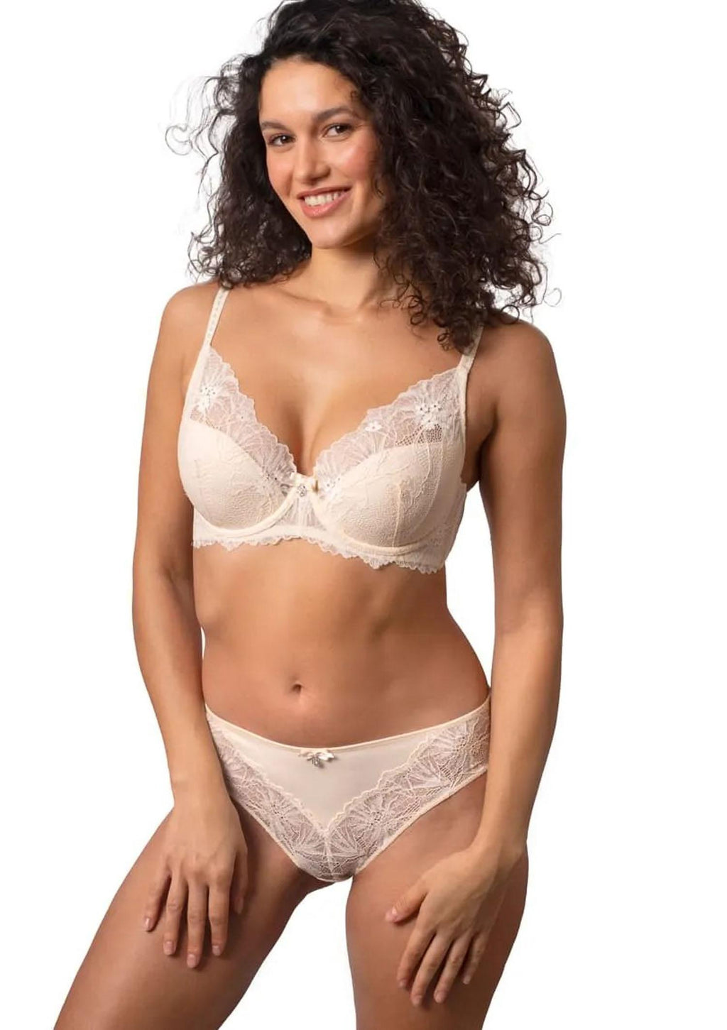 Figi damskie bikini z elastycznej mikrofibry i koronki DM-6338 Agio, beżowe