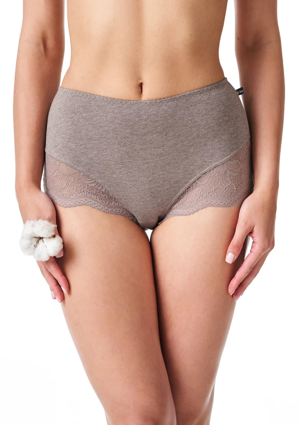 Majtki damskie Key LPF 111 (2 pack) maxi bikini z wysokim stanem i koronką, cappuccino
