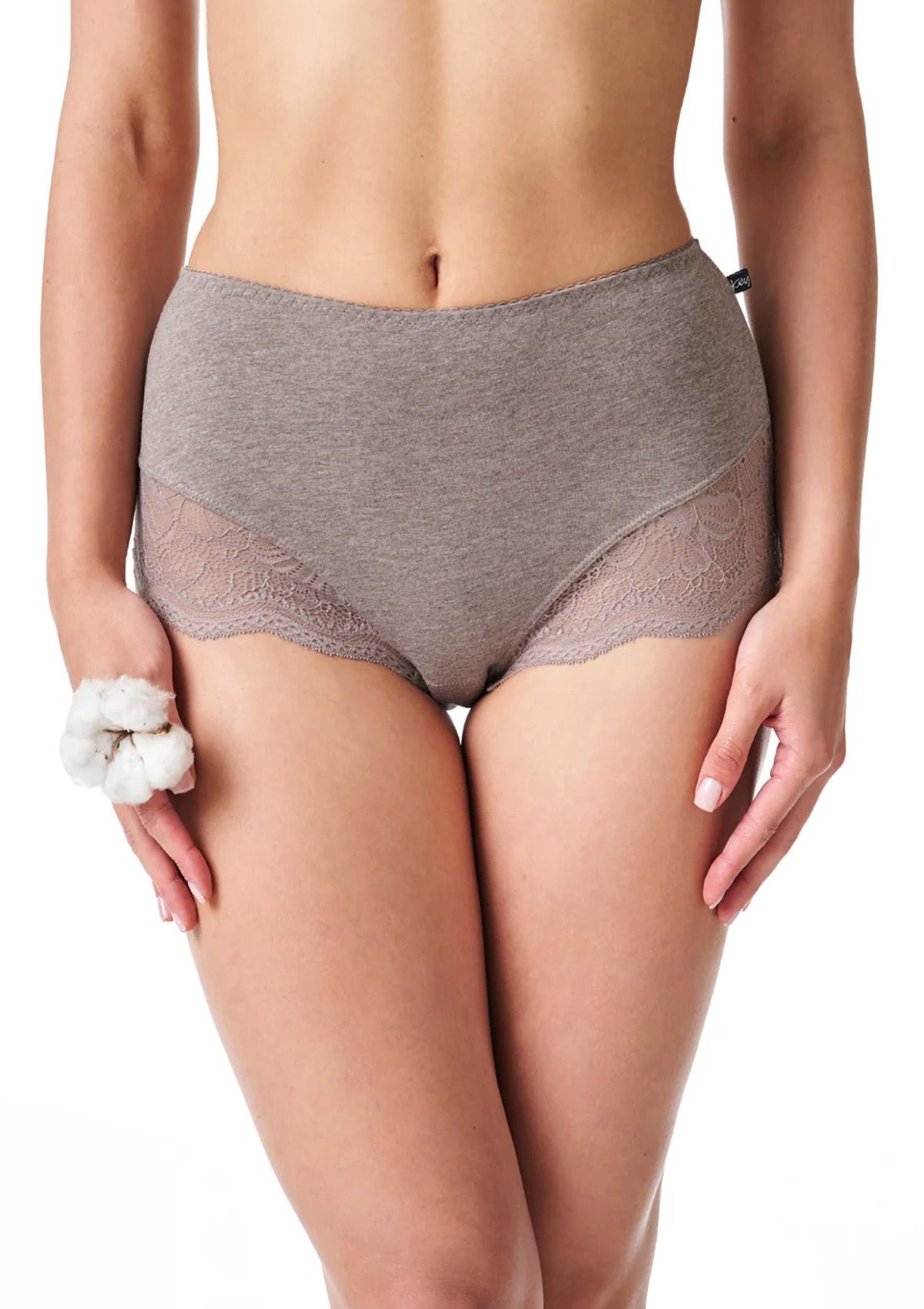 Majtki damskie Key LPF 111 (2 pack) maxi bikini z wysokim stanem i koronką, cappuccino