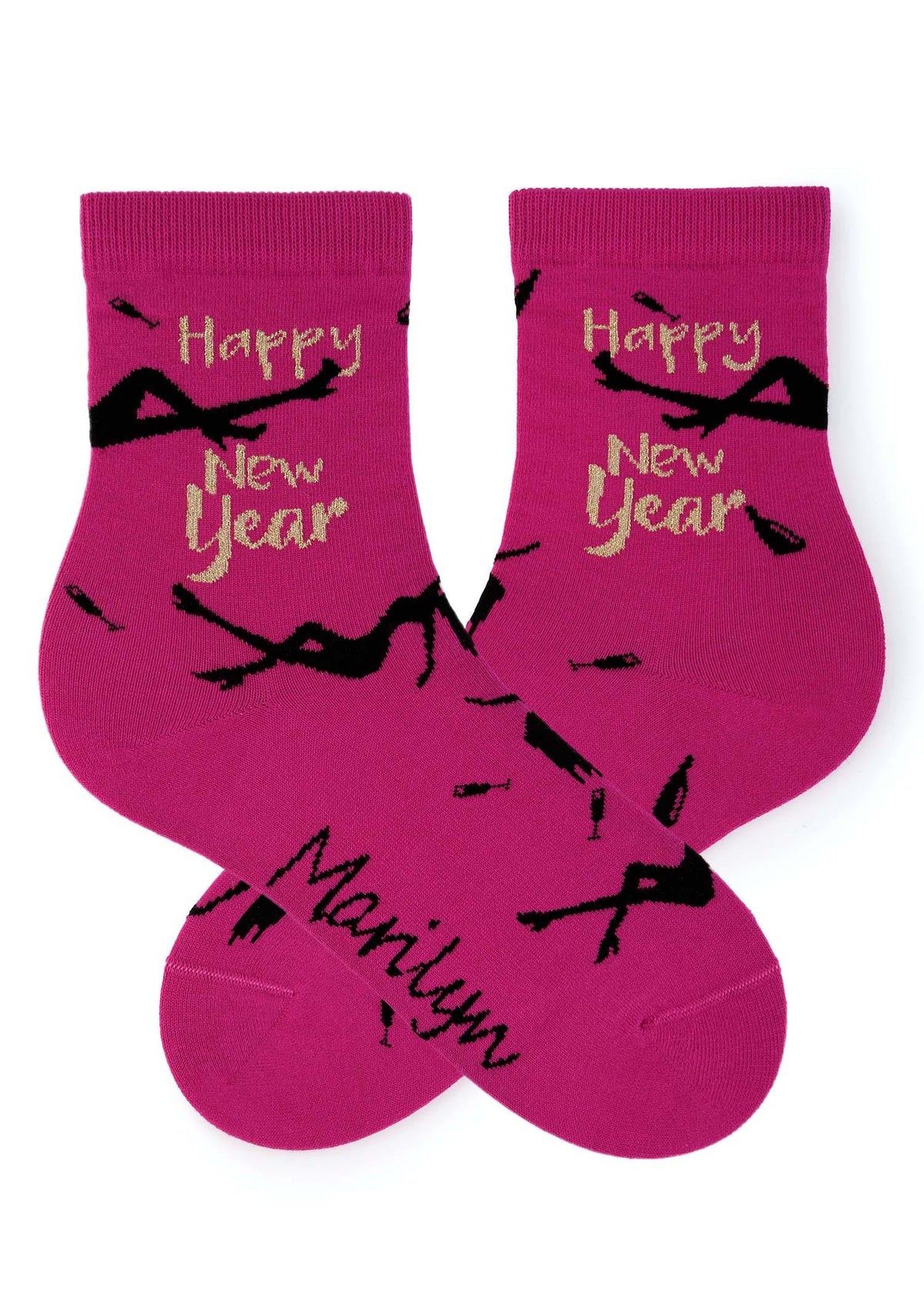 Skarpetki damskie bawełniane Marilyn Happy 2 z mieniącym się napisem Happy New Year, różowe