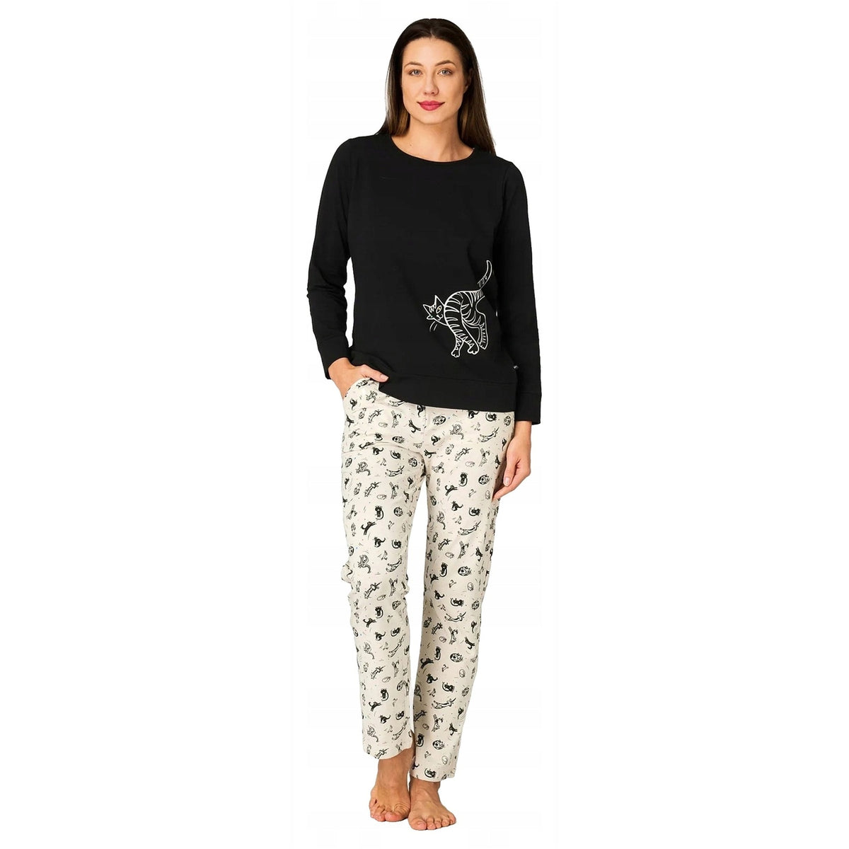 Zestaw na prezent: dla niej piżama damska Key bawełna czarna + skarpetki merino Cerber