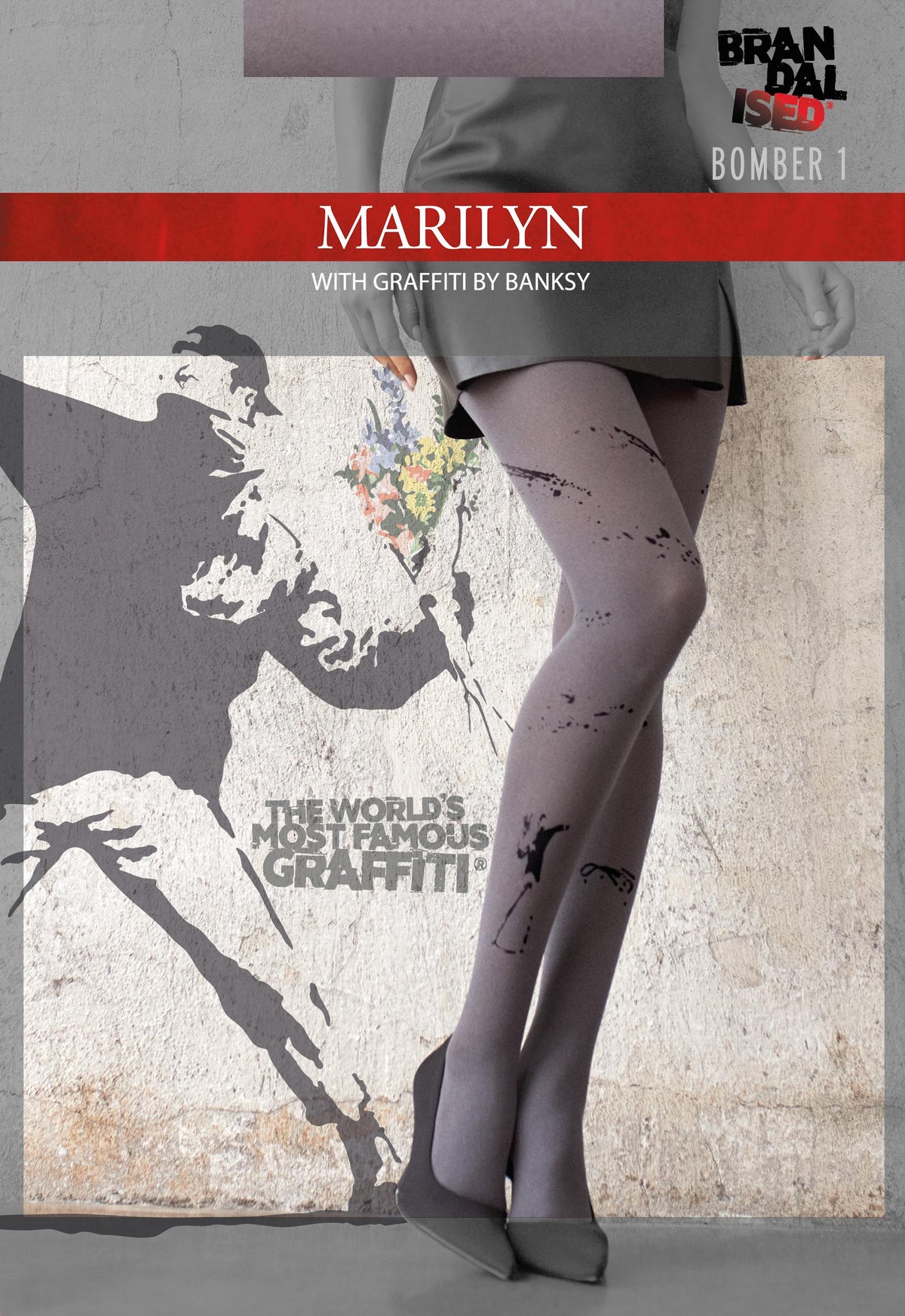 Rajstopy damskie Marilyn Banksy Bomber 40 den z graffiti, grafitowe z czarnym nadrukiem