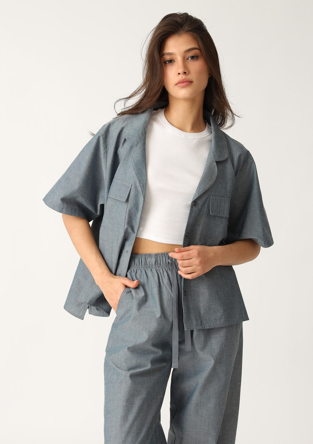 Koszula damska z bawełny chambray LH340-16 Naviale, krótki rękaw