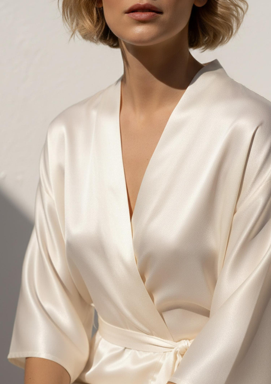 Eleganckie kimono damskie Kleo Diva z satyny, z paskiem i rękawem 3/4