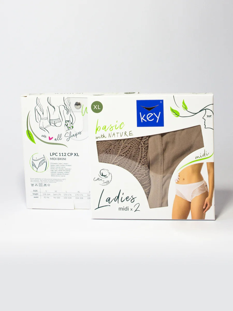 Figi damskie bawełniane 2-pak z koronką Key LPC 112, kolory: cappuccino, czarny