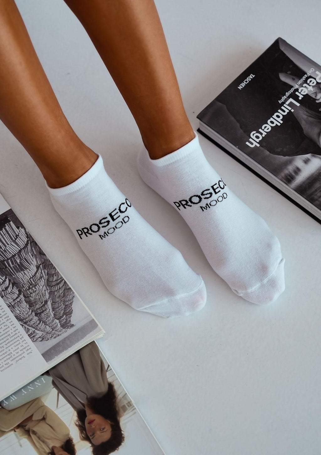 Stopki damskie bawełniane z napisem Prosecco Mood Milena, białe