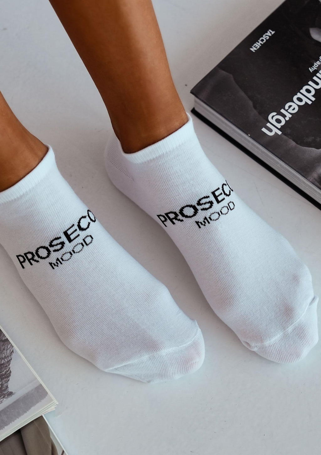 Stopki damskie bawełniane z napisem Prosecco Mood Milena, białe