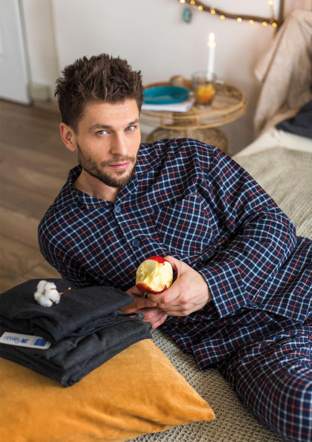 Piżama męska Key MNS 480, flanelowa, w drobną kratę, z długimi spodniami