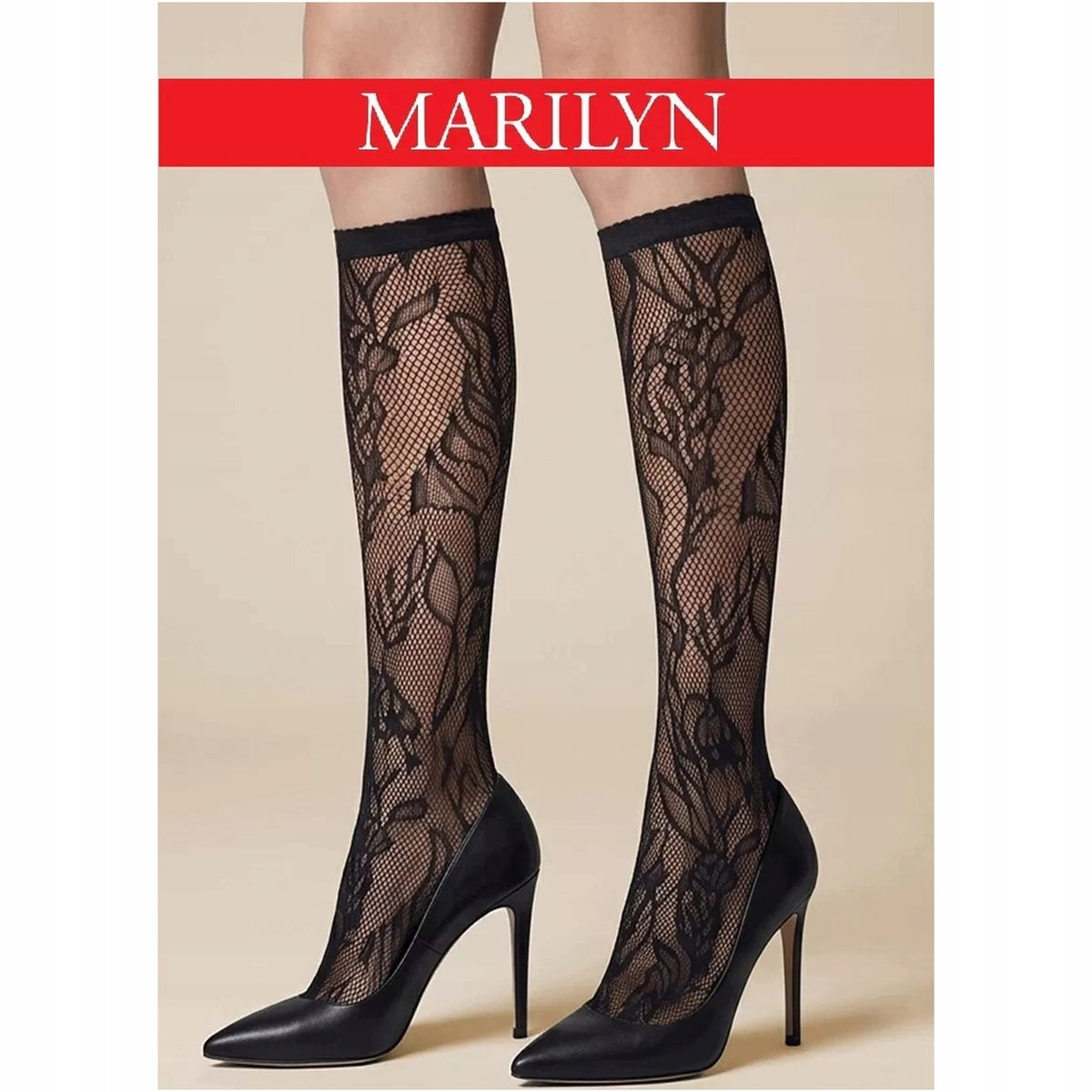Podkolanówki Marilyn Charly G001 z ażurowym wzorem roślinnym czarne