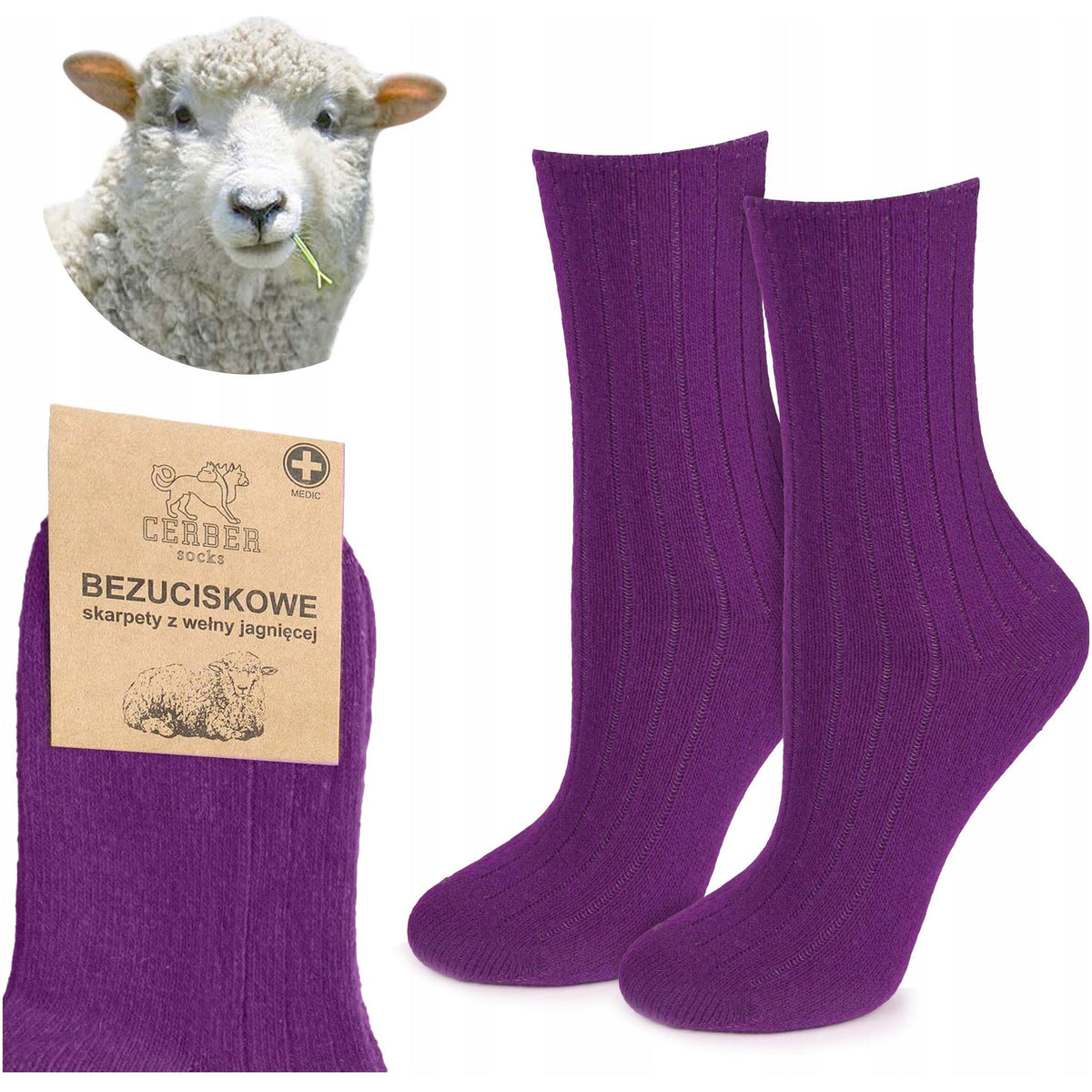 Skarpetki merino z wełny merynosa jagnięce bezuciskowe lawendowe Cerber Art. 0251