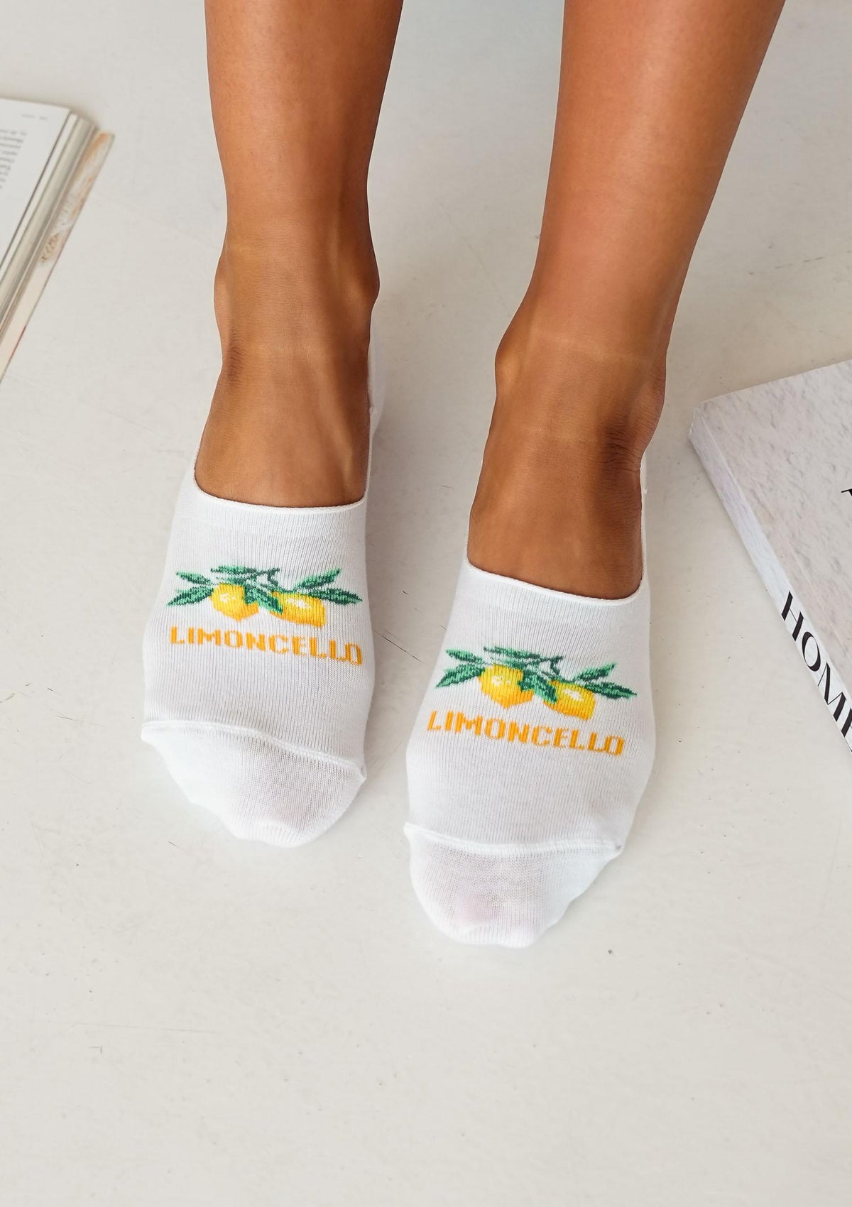 Mikrostopki damskie z letnim napisem Limoncello Milena, białe, bawełniane