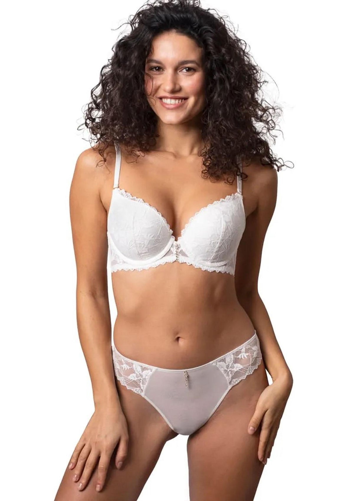 Majtki damskie brazyliany Agio DM-6341 z kwiatową koronką, off white
