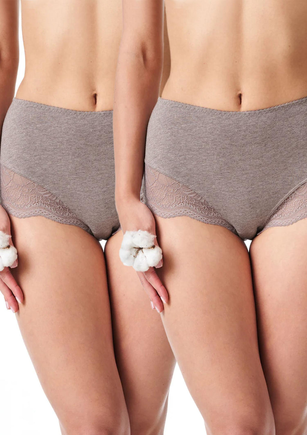 Majtki damskie Key LPF 111 (2 pack) maxi bikini z wysokim stanem i koronką, cappuccino