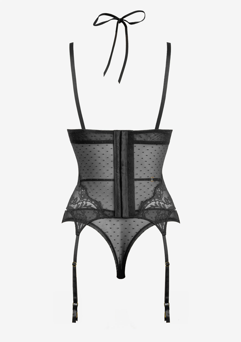 Zestaw koronkowej bielizny Lormar Bondage 2628, czarny gorset push-up ze stringami