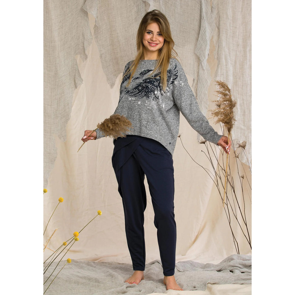Komplet Homewear LHS 211 z ptakiem i spodniami alladynkami