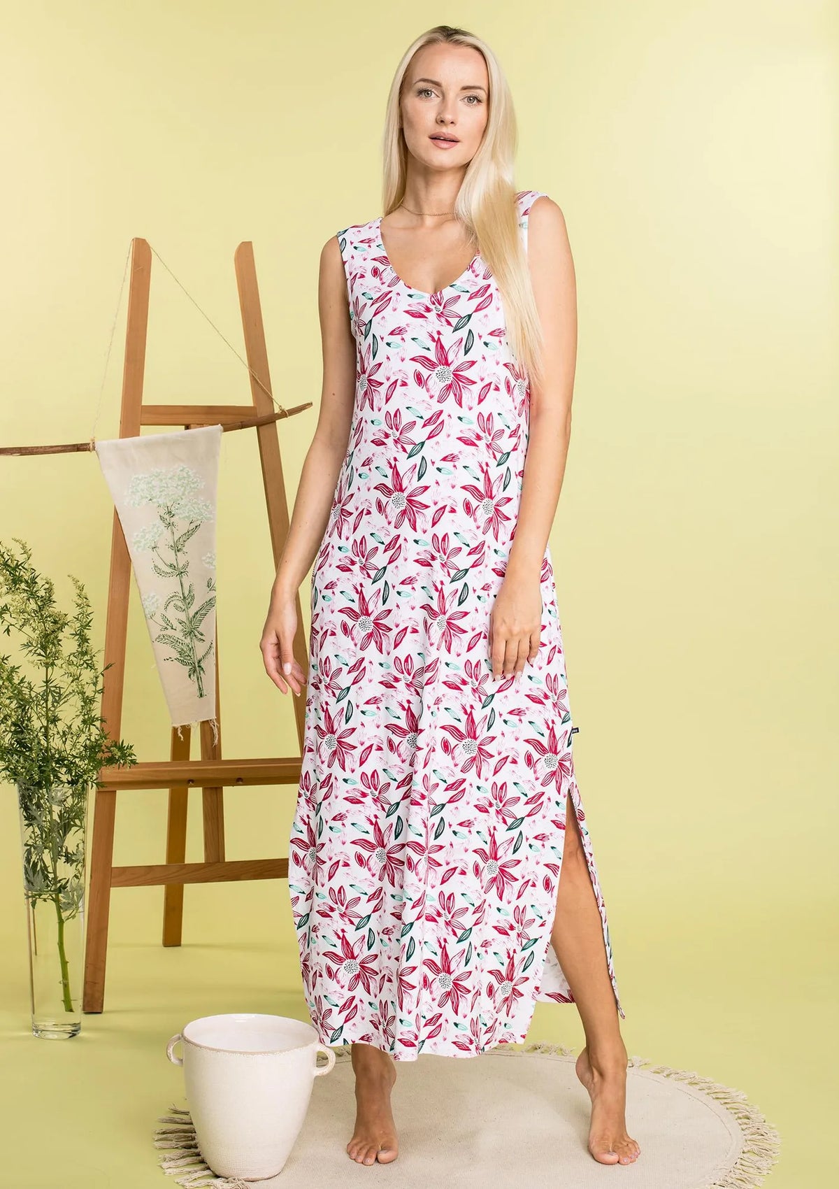 Homewear LHD 505 długa sukienka bambusowa w kwiaty