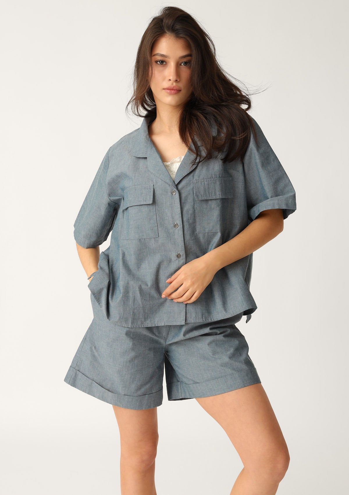 Szorty damskie bawełniane chambray w stylu denim LH401-16 Naviale