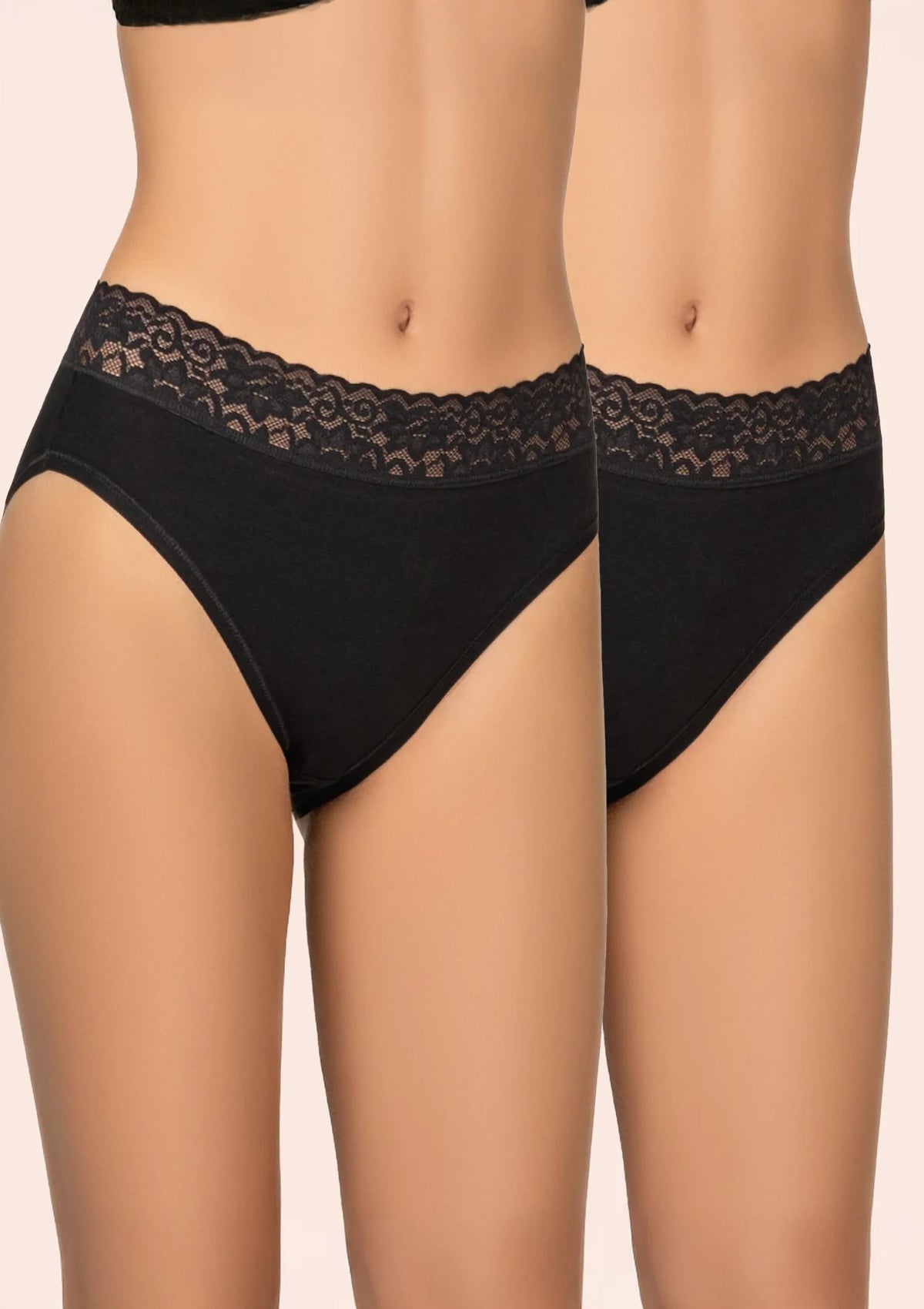 Figi Kleo 142 Cotton czarne z koronkową gumką, wyższy stan, 2 pack
