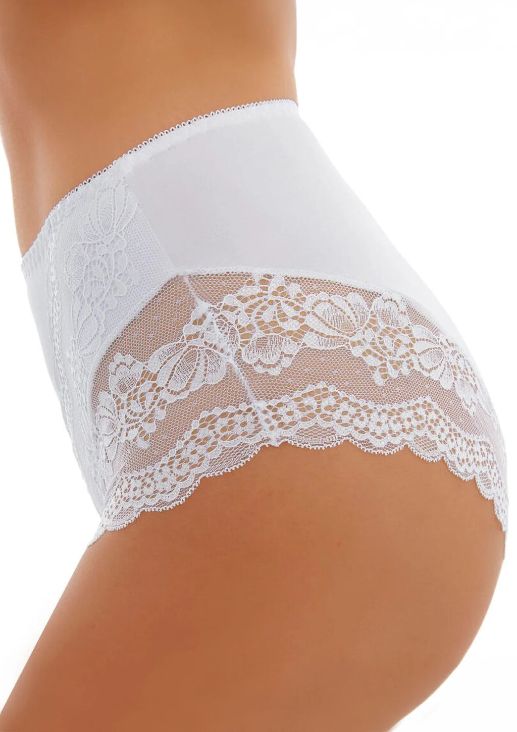 Emili Melisa figi z wyższym stanem i koronkowymi zdobieniami białe