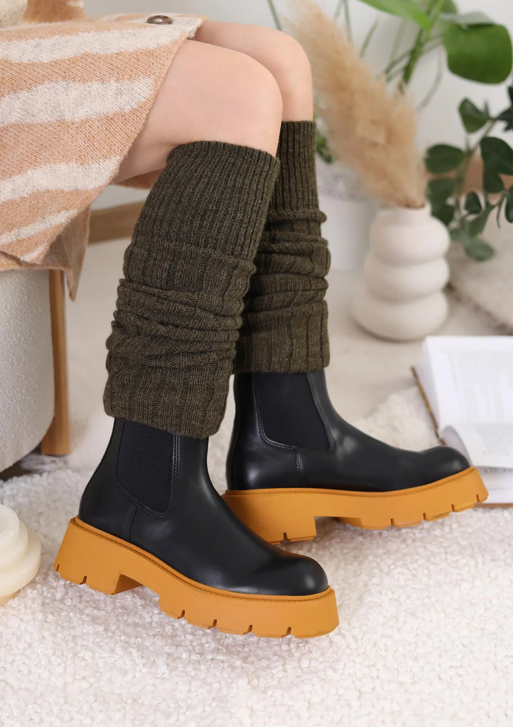 Getry damskie grube z wełną Cerber 0664 khaki