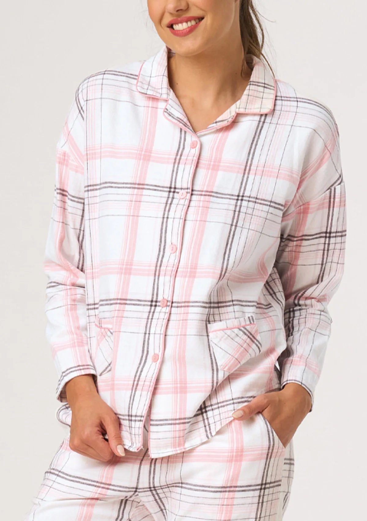 Key LNS 415 piżama flanelowa w różowo-szarą kratę, 155 g/m²