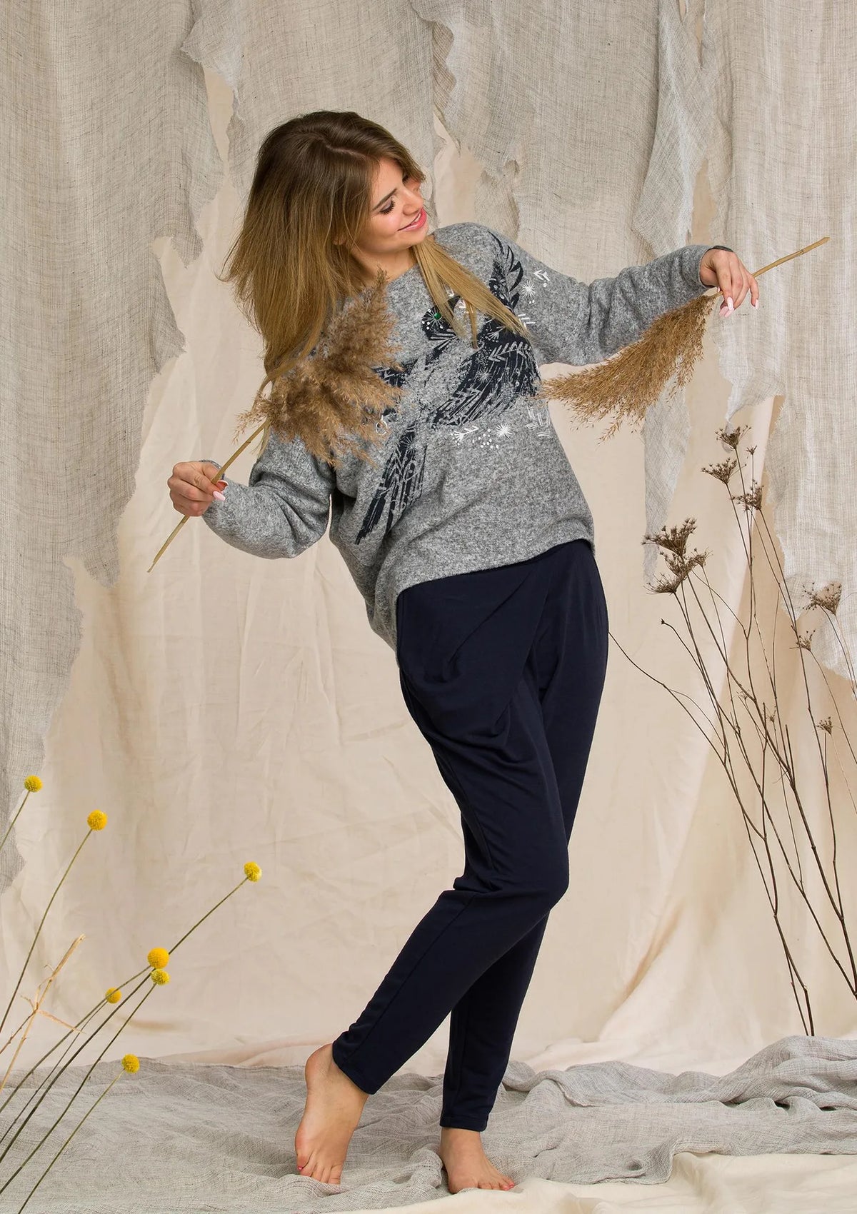 Komplet Homewear LHS 211 z ptakiem i spodniami alladynkami