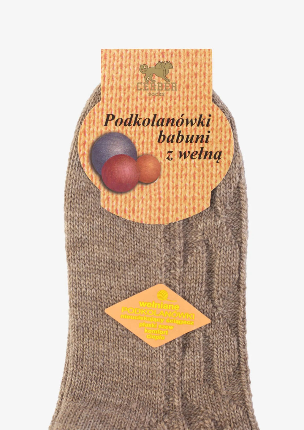 Podkolanówki beż z wełną, warkocz w stylu babuni