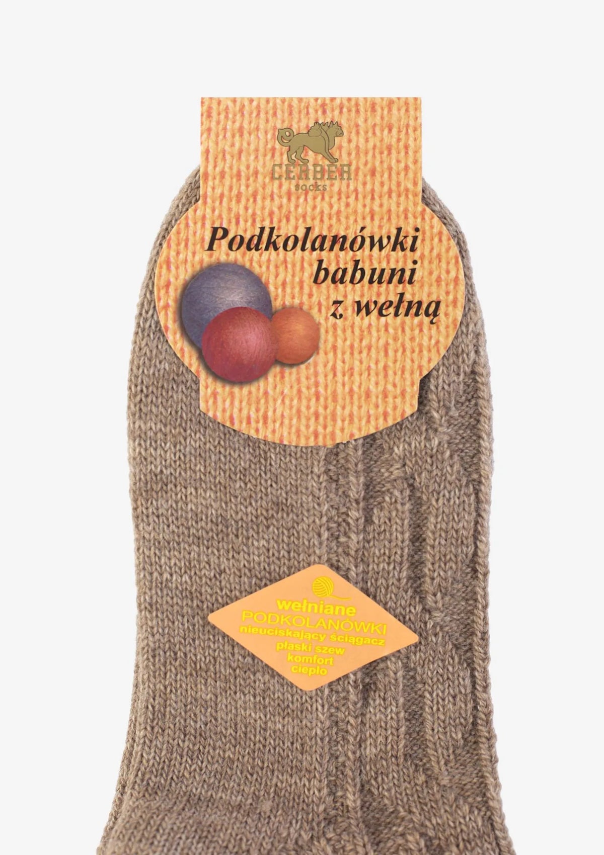 Podkolanówki beż z wełną, warkocz w stylu babuni
