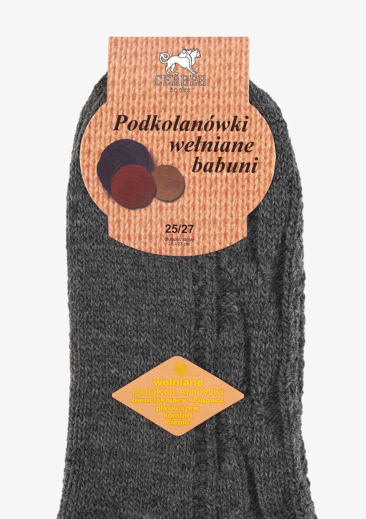 Podkolanówki z wełną damskie, warkoczowy splot babuni szare