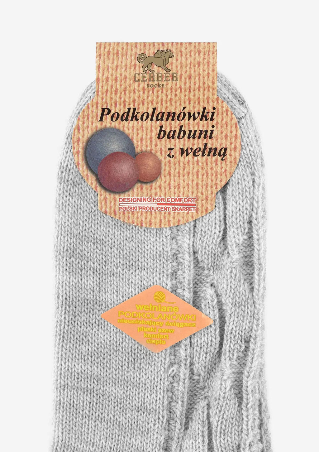 Podkolanówki damskie szary z dodatkiem wełny o warkoczowym splocie